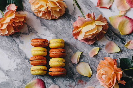 Overhead view of macarons on a marble slab thumbnail