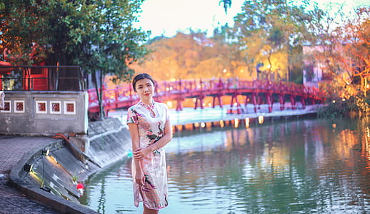 landscape, woman, water, bridge thumbnail