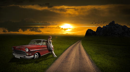 woman leaning on red car beside road at daytime thumbnail