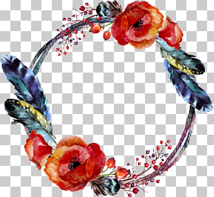 Boho-chic Watercolor painting Illustration, floral watercolor feathers, red and blue flowers and feathers illustration PNG clipart