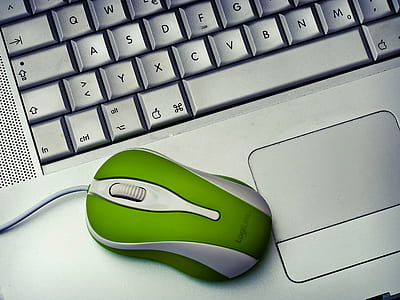 green and white Logitech mouse on gray laptop thumbnail