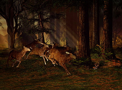 three brown deer running in forest painting thumbnail