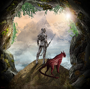 cyborg beside mythical creature standing on cave illustration thumbnail