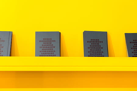 four assorted books leaning on yellow painted wall thumbnail