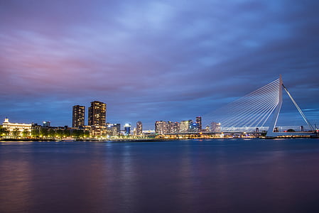 lighted high-rise buildings near calm water at night time thumbnail