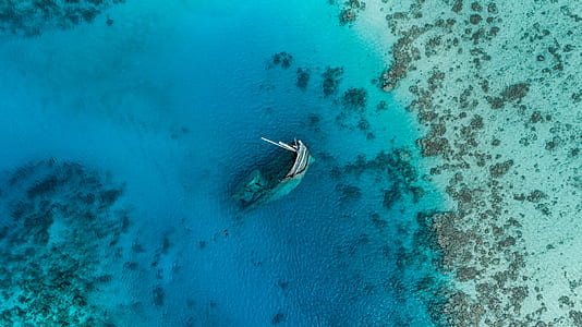 aerial photo of ship wreck on shallow waters thumbnail