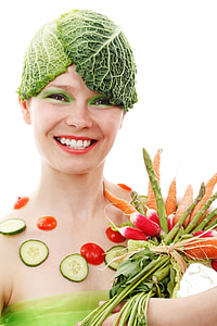 woman with lettuce on her head and sliced tomato and cucumber surrounded on her leg with carrots and spinach on her right hand thumbnail