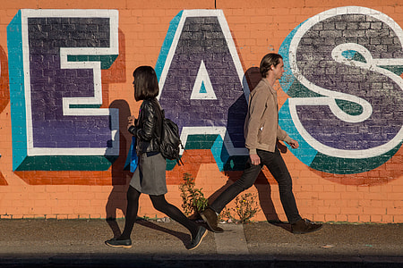 Two people walk past vibrantly-coloured street art in Shoreditch, London. Image captured with a Canon 6D DSLR thumbnail