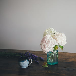 pink and white hydrangeas in teal tinted glass vase beside purple lavenders on brown wooden surface thumbnail