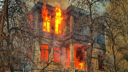 burning blue and gray concrete house surrounded with leafless trees thumbnail