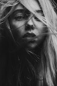 portrait, girl, studio, black and white, hair thumbnail