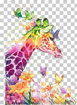 Watercolor painting Drawing Visual arts Canvas print, Watercolor Giraffe, multicolored giraffe and butterflies painting PNG clipart