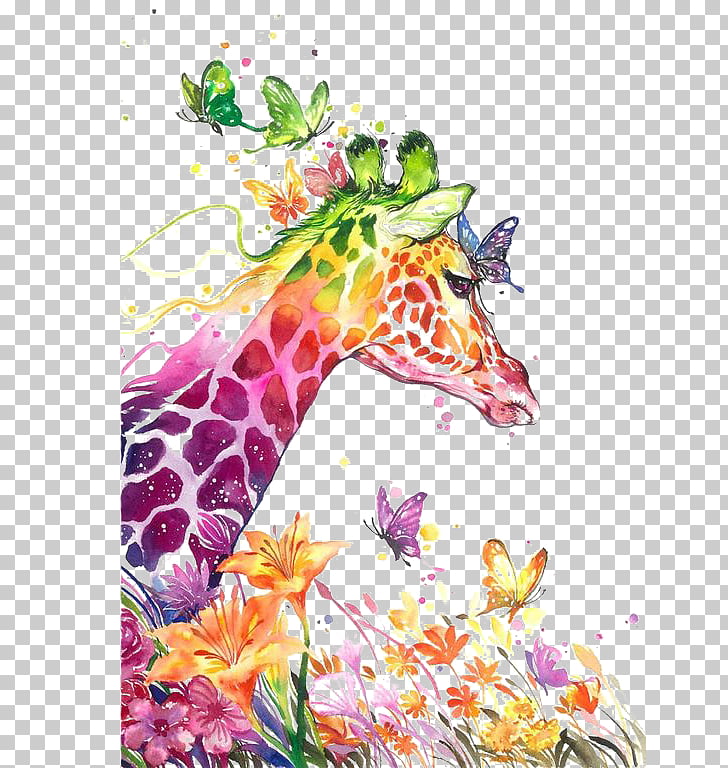 Watercolor painting Drawing Visual arts Canvas print, Watercolor Giraffe, multicolored giraffe and butterflies painting PNG clipart