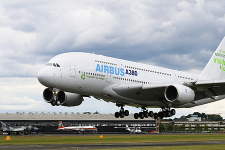 Airbus A380 passenger plane taking off from runway thumbnail