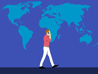 Illustration of man on cell phone, roaming to various networks as he travels around the world. thumbnail