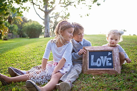 three children sitting on green grass field thumbnail
