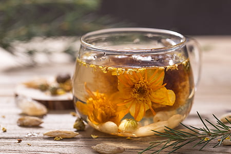 yellow petaled flowers placed in clear glass teacup filled with white liquid thumbnail