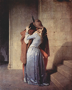 man and woman kissing beside staircase painting thumbnail