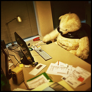bear plush toy at rolling chair in front desk thumbnail