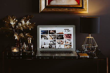 Elegant home office with golden accessories thumbnail