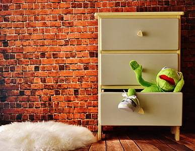 Kermit the Frog sitting on grey wooden drawer thumbnail
