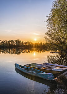 Three Brown Canoes Under Golden Hour thumbnail