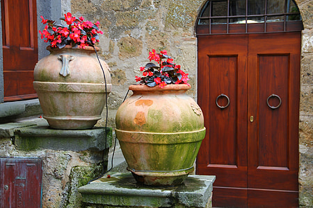 two mossy brown pots with red flowers thumbnail
