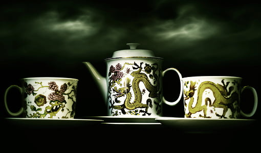 white, maroon, and brown dragon-printed teaset thumbnail