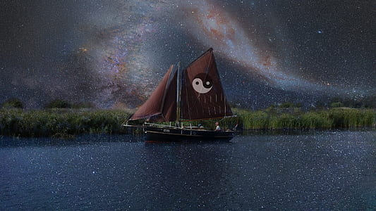 brown and black sailboat on calm body of water with yin-yang sign during night thumbnail