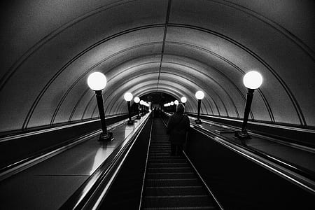 grayscale photo of person riding escalator inside dome building thumbnail