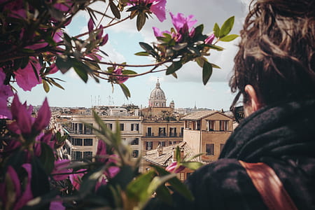 person wearing black coat surrounded purple flowers in while watching in front of building thumbnail