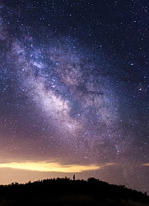 silhouette of person standing on hill over purple and blue sky thumbnail