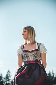 Woman in Grey And Red Floral Square-neckline Dress thumbnail