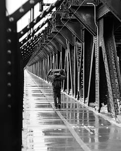 greyscale photo of person walking on suspension bridge sidewalk thumbnail