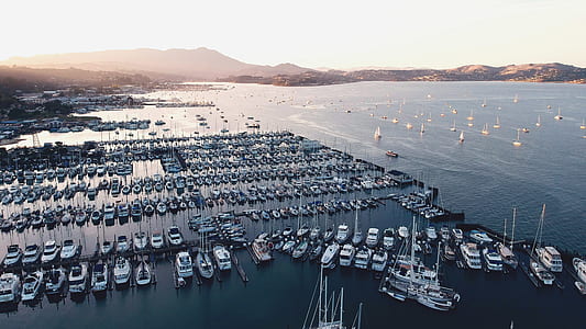 aerial photography of a lot of parked boats on large body of water near mountain at daytime thumbnail
