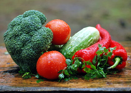 red tomatoes, cucumber, red bell peppers, and broccoli thumbnail