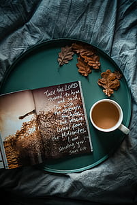 cup of coffee beside book in tray thumbnail