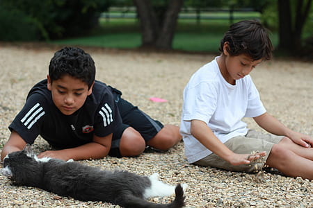 two boys laying on brown and beige rocks thumbnail