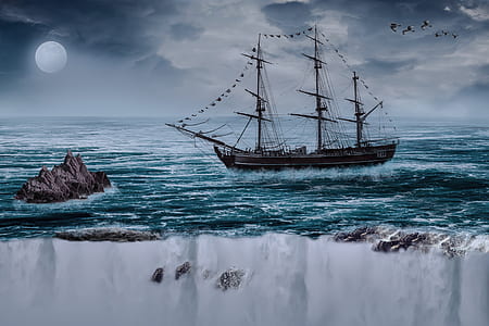 flock of birds flying above black ship 3D wallpaper thumbnail