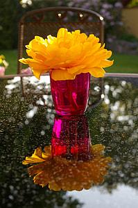 yellow petaled flower in pink glass on top of the glass table thumbnail