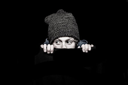 peeping man in gray knit hat thumbnail