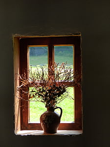 brown ceramic bottle with plants inside and placed on closed window thumbnail