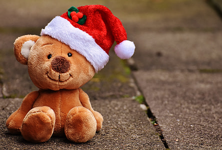 brown bead plush toy with red hat on gray concrete surface thumbnail
