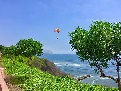person riding parachute near trees and ocean during daytime thumbnail