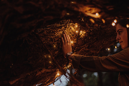 person touching brown surface with string lights thumbnail