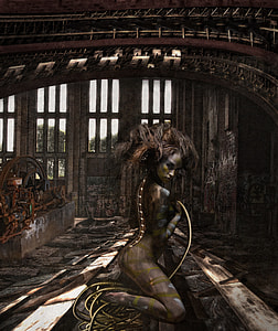 naked woman on wreck train station illustration thumbnail