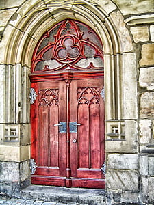 closed red wooden French door thumbnail