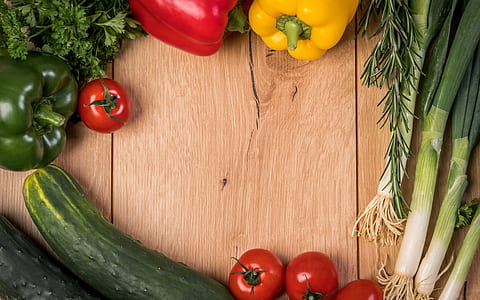 capsicum with spring onions, red tomatoes, and zucchinis thumbnail
