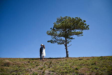 man and woman standing side by side on field near tree thumbnail