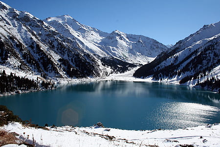 lake surrounded with alp mountains covered with snow thumbnail